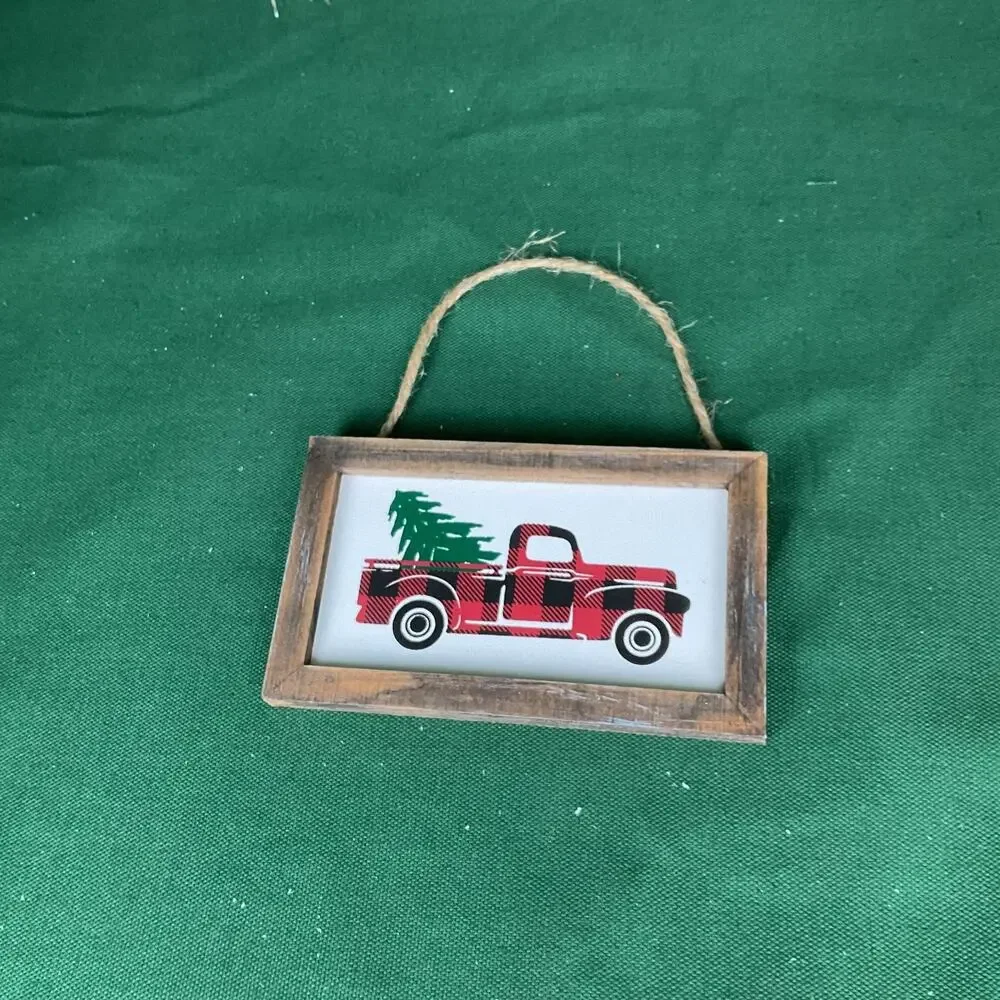 Framed Buffalo Plaid Red Truck Christmas Sign Ornament | Rustic Wooden Holiday